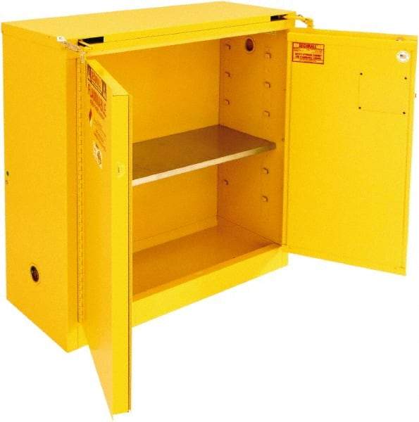 Securall Cabinets - 2 Door, 1 Shelf, Yellow Steel Standard Safety Cabinet for Flammable and Combustible Liquids - 46" High x 43" Wide x 18" Deep, Self Closing Door, 3 Point Key Lock, 30 Gal Capacity - Benchmark Tooling