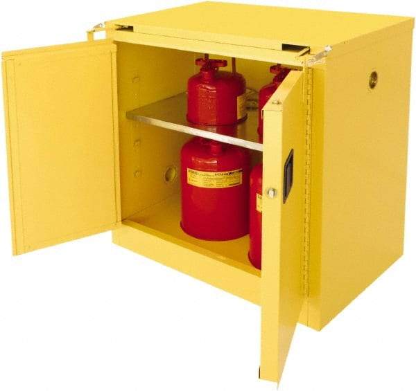 Securall Cabinets - 2 Door, 1 Shelf, Yellow Steel Standard Safety Cabinet for Flammable and Combustible Liquids - 37" High x 36" Wide x 24" Deep, Self Closing Door, 3 Point Key Lock, 30 Gal Capacity - Benchmark Tooling