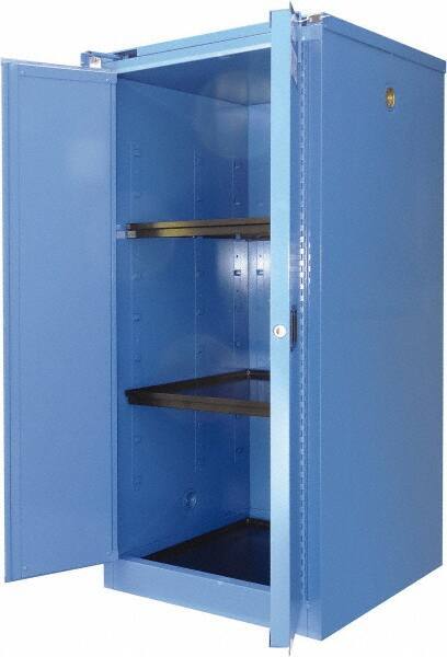 Securall Cabinets - 2 Door, 2 Shelf, Blue Steel Standard Safety Cabinet for Corrosive Chemicals - 67" High x 31" Wide x 31" Deep, Self Closing Door, 3 Point Key Lock, 60 Gal Capacity - Benchmark Tooling