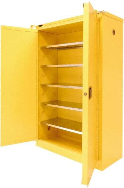 Securall Cabinets - 2 Door, 5 Shelf, Yellow Steel Standard Safety Cabinet for Flammable and Combustible Liquids - 67" High x 43" Wide x 18" Deep, Sliding Door, 3 Point Key Lock, 60 Gal Capacity - Benchmark Tooling