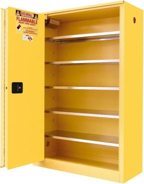 Securall Cabinets - 2 Door, 5 Shelf, Yellow Steel Standard Safety Cabinet for Flammable and Combustible Liquids - 65" High x 43" Wide x 18" Deep, Sliding Door, 3 Point Key Lock, 60 Gal Capacity - Benchmark Tooling