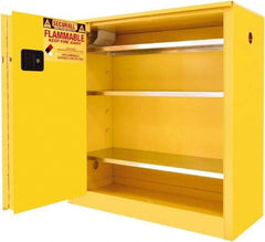 Securall Cabinets - 2 Door, 3 Shelf, Yellow Steel Standard Safety Cabinet for Flammable and Combustible Liquids - 44" High x 43" Wide x 18" Deep, Sliding Door, 3 Point Key Lock, 40 Gal Capacity - Benchmark Tooling