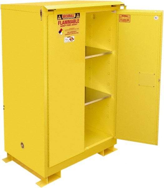 Securall Cabinets - 2 Door, 2 Shelf, Yellow Steel Standard Safety Cabinet for Flammable and Combustible Liquids - 71" High x 43" Wide x 31" Deep, Self Closing Door, 3 Point Key Lock, 90 Gal Capacity - Benchmark Tooling