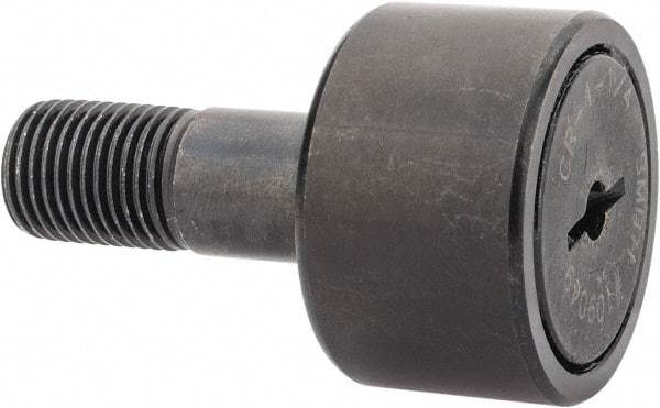 Accurate Bushing - 1-1/4" Roller Diam x 3/4" Width, 1/2" Stud Diam x 1-1/4" Length, Stud Cam Follower - Steel, 5/8" Thread Length, 1/2-20 Thread, 2" OAL, 4,470 Lb Dynamic Cap, 4,300 Lb Static Cap - Benchmark Tooling