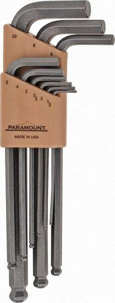 Paramount - 9 Piece L-Key Ball End Hex Key Set - Hex Range 1.5 to 10mm, 7-1/4" OAL, Steel - Benchmark Tooling
