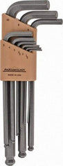 Paramount - 9 Piece L-Key Ball End Hex Key Set - Hex Range 1.5 to 10mm, 7-1/4" OAL, Steel - Benchmark Tooling