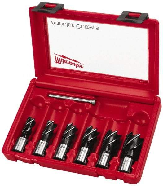 Milwaukee Tool - 6 Piece, 9/16 to 1-1/16" Cutter Diam, 1" Cutting Depth, Steel Annular Cutter Set - Bright Finish, 3/4" Shank Diam, 9/16, 5/8, 11/16, 13/16, 15/16, 1-1/16" Cutter Diams, 2 Flats on Shank - Benchmark Tooling