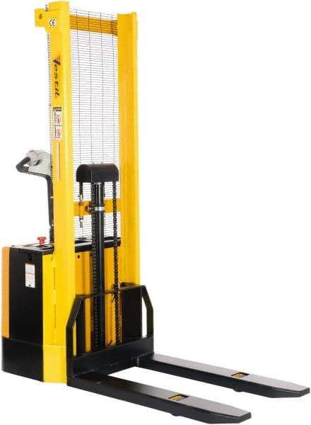 Vestil - 2,000 Lb Capacity, 62" Lift Height, Battery Powered Stacker - 3-3/8" Lowered Height, 42" Fork Length, 26-3/4" Overall Width - Benchmark Tooling