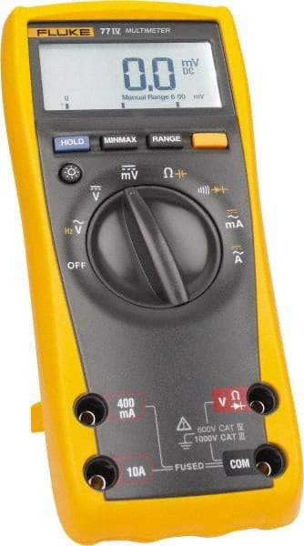 Fluke - 77-4, CAT IV, CAT III, 1,000 VAC/VDC, Digital Auto Ranging Average Responding Manual Ranging Multimeter - 50 mOhm, Measures Voltage, Capacitance, Current, Frequency, Resistance - Benchmark Tooling