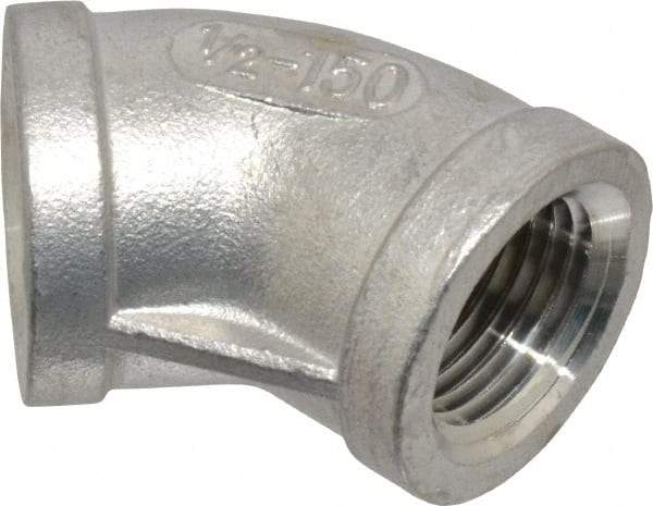 Merit Brass - 1/2" Grade 304 Stainless Steel Pipe 45° Elbow - FNPT x FNPT End Connections, 150 psi - Benchmark Tooling
