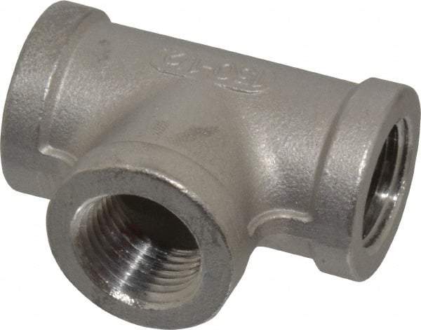 Merit Brass - 1/2" Grade 304 Stainless Steel Pipe Tee - FNPT x FNPT x FNPT End Connections, 150 psi - Benchmark Tooling