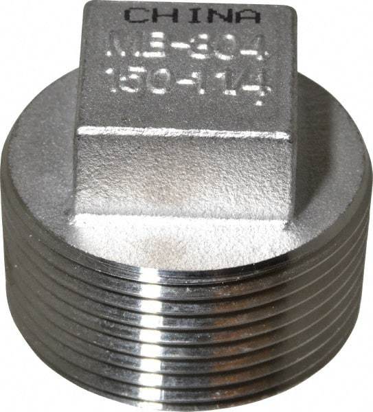 Merit Brass - 1-1/4" Grade 304 Stainless Steel Pipe Square Head Plug - MNPT End Connections, 150 psi - Benchmark Tooling