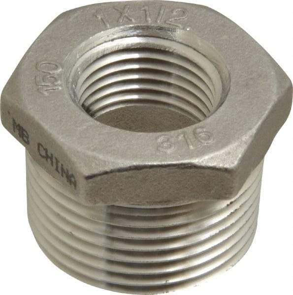 Merit Brass - 1 x 1/2" Grade 316 Stainless Steel Pipe Hex Bushing - MNPT x FNPT End Connections, 150 psi - Benchmark Tooling