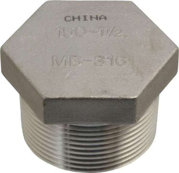 Merit Brass - 1-1/2" Grade 316 Stainless Steel Pipe Hex Head Plug - MNPT End Connections, 150 psi - Benchmark Tooling