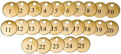 Value Collection - 1-1/2" High x 1-1/2" Long, 1 to 25, English Safety & Facility Numbered Tag - 1 Side, Brass - Benchmark Tooling