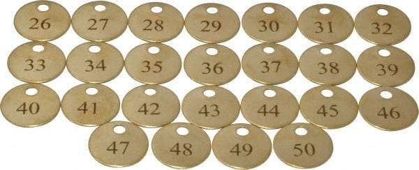Value Collection - 1" High x 1" Long, 26 to 50, English Safety & Facility Numbered Tag - 1 Side, Brass - Benchmark Tooling