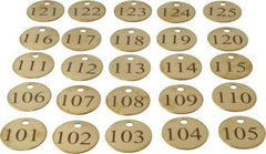 Value Collection - 1-1/4" High x 1-1/4" Long, 101 to 125, English Safety & Facility Numbered Tag - 1 Side, Brass - Benchmark Tooling