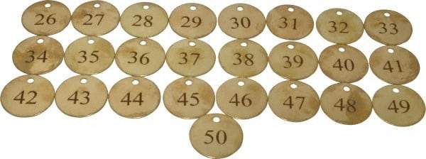 Value Collection - 1-1/2" High x 1-1/2" Long, 26 to 50, English Safety & Facility Numbered Tag - 1 Side, Brass - Benchmark Tooling