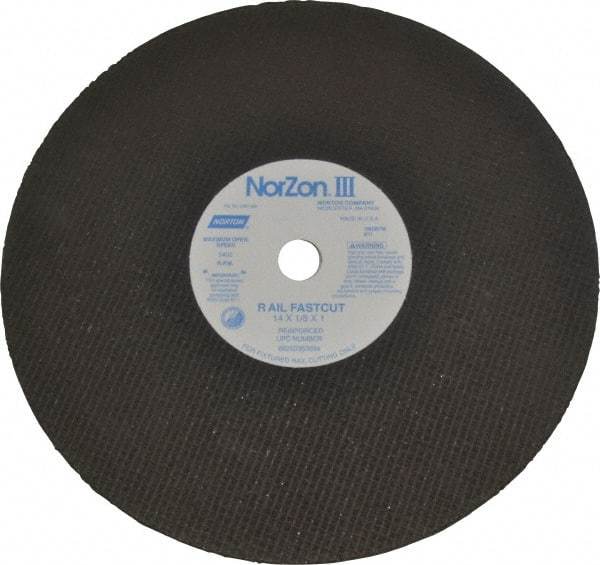 Norton - 14" 24 Grit Zirconia Alumina Cutoff Wheel - 1/8" Thick, 1" Arbor, 5,400 Max RPM, Use with Electric & Gas Powered Saws - Benchmark Tooling