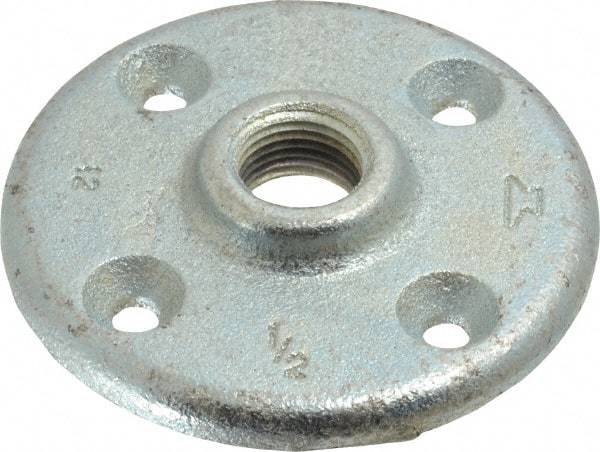 Made in USA - 1/2" Pipe, 3-1/2" OD, 5/8" Hub Length, Galvanized Floor Pipe Flange - 2-1/2" Across Bolt Hole Centers, 1/4" Bolt Hole, 150 psi, Class 150 - Benchmark Tooling