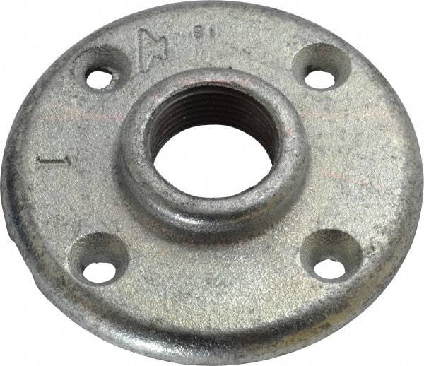 Made in USA - 1" Pipe, 4" OD, 11/16" Hub Length, Galvanized Floor Pipe Flange - 3" Across Bolt Hole Centers, 1/4" Bolt Hole, 150 psi, Class 150 - Benchmark Tooling