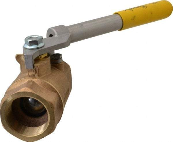Apollo - 1-1/2" Pipe, Bronze Standard Ball Valve - 2 Piece, Inline - One Way Flow, FNPT x FNPT Ends, Deadman Lever (Spring Return to Close) Handle, 600 WOG, 150 WSP - Benchmark Tooling