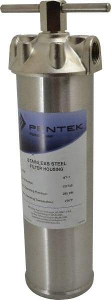 Pentair - 3/4 Inch Pipe, FNPT End Connections, 9-1/4 Inch Long Cartridge, 12-7/8 Inch Long, Cartridge Filter Housing - 1 Cartridge, 10 Max GPM Flow Rate, 250 psi Max Working Pressure, 304 Grade - Benchmark Tooling