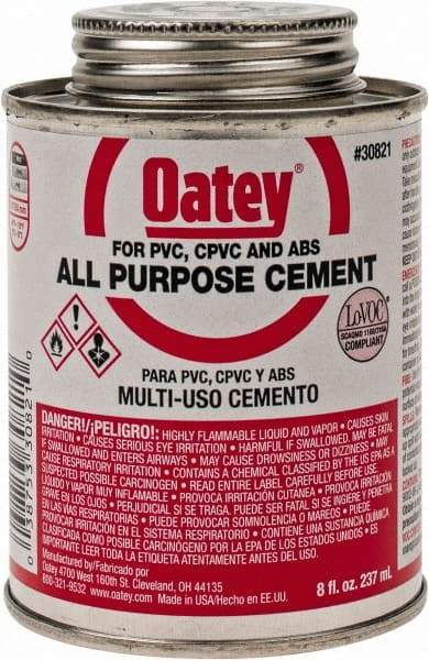 Oatey - 8 oz All-Purpose Medium Bodied Cement - Clear, Use with ABS, PVC & CPVC up to 6" Diam - Benchmark Tooling