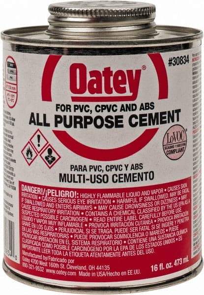 Oatey - 16 oz All-Purpose Medium Bodied Cement - Clear, Use with ABS, PVC & CPVC up to 6" Diam - Benchmark Tooling