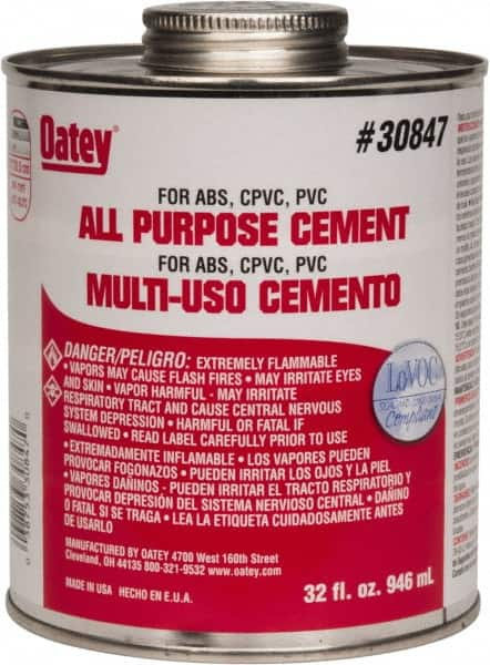 Oatey - 32 oz All-Purpose Medium Bodied Cement - Clear, Use with ABS, PVC & CPVC up to 6" Diam - Benchmark Tooling