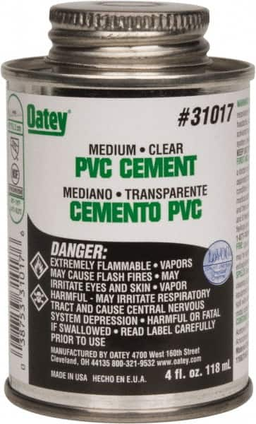 Oatey - 4 oz Medium Bodied Cement - Clear, Use with PVC up to 6" Diam - Benchmark Tooling