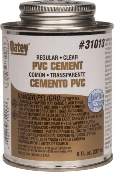 Oatey - 8 oz Regular Bodied Cement - Clear, Use with Schedule 40 PVC up to 4" Diam & Schedule 80 PVC up to 2" Diam - Benchmark Tooling