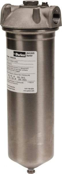 Parker - 3/4 Inch Pipe, FNPT End Connections, 10 Inch Long Cartridge, 12-3/4 Inch Long, Cartridge Filter Housing with Pressure Relief - 1 Cartridge, 5 Max GPM Flow Rate, 150 psi Max Working Pressure, 316 Grade - Benchmark Tooling