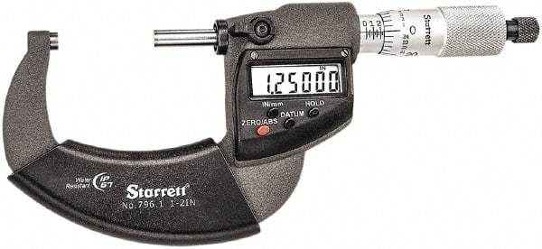 Starrett - 1 to 2" Range, Standard Throat IP67 Electronic Outside Micrometer - Ratchet Stop Thimble, Carbide Face, CR2032 Battery - Benchmark Tooling