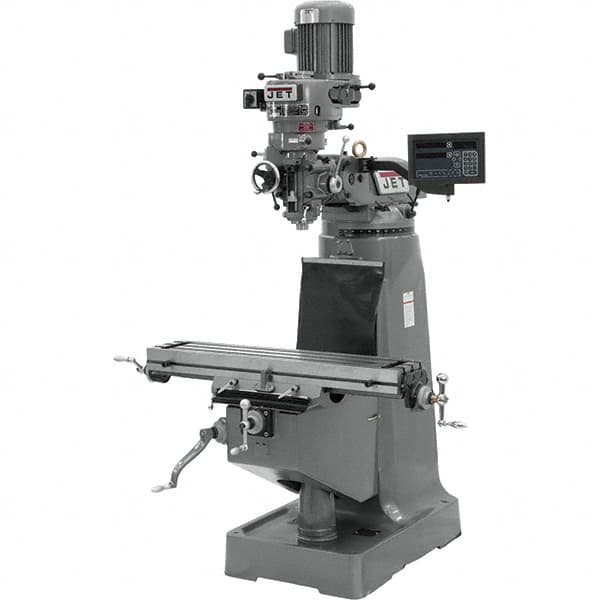 Jet - 9" Table Width x 42" Table Length, Variable Speed Pulley Control, 3 Phase Knee Milling Machine - R8 Spindle Taper, 2 hp - Benchmark Tooling