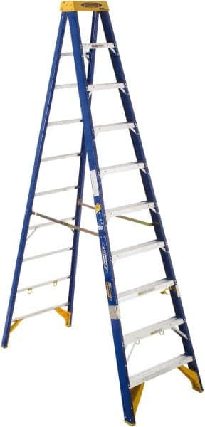 Werner - 10 Steps, 10' High, Type IAA Rating, Fiberglass Step Ladder - 375 Lb Load Capacity, 30-3/8" Base Width - Benchmark Tooling