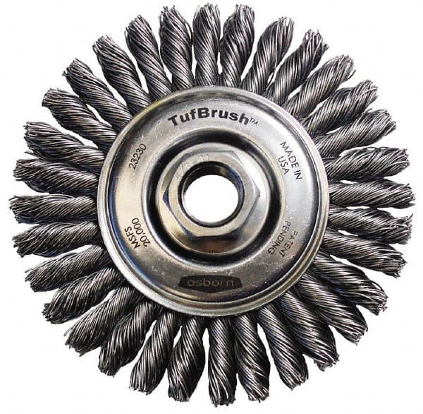 Osborn - 4-1/8" OD, 5/8-11 Arbor Hole, Stringer Bead Steel Wheel Brush - 3/16" Face Width, 7/8" Trim Length, 0.02" Filament Diam, 20,000 RPM - Benchmark Tooling