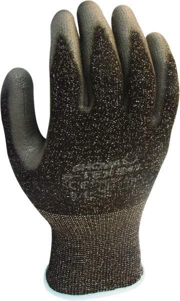 SHOWA - Size L (8), ANSI Cut Lvl 4, Puncture Lvl 3, Abrasion Lvl 6, Polyurethane Coated HPPE Fiber/Stainless Steel Cut Resistant Gloves - 10" Long, Palm & Fingertips Coated, High Strength Fiber/Stainless Steel Lining, Knit Wrist, Gray/Black, Paired - Benchmark Tooling