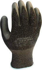 SHOWA - Size S (6), ANSI Cut Lvl 4, Puncture Lvl 3, Abrasion Lvl 6, Polyurethane Coated HPPE Fiber/Stainless Steel Cut Resistant Gloves - 9.5" Long, Palm & Fingertips Coated, High Strength Fiber/Stainless Steel Lining, Knit Wrist, Gray/Black, Paired - Benchmark Tooling