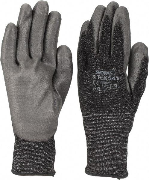 SHOWA - Size XL (9), ANSI Cut Lvl 4, Puncture Lvl 3, Abrasion Lvl 6, Polyurethane Coated HPPE Fiber/Stainless Steel Cut Resistant Gloves - 11" Long, Palm & Fingertips Coated, High Strength Fiber/Stainless Steel Lining, Knit Wrist, Gray/Black, Paired - Benchmark Tooling