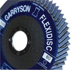 Garryson - 80 Grit, 4-1/2" Disc Diam, 7/8" Center Hole, Zirconia Alumina Flap Disc - 13,300 Max RPM, Fiberglass Backing, Arbor Attaching System, Coated - Benchmark Tooling