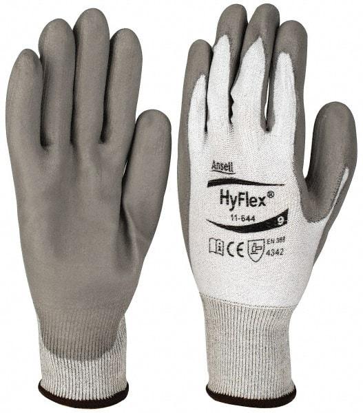 Ansell - Size L (9), ANSI Cut Lvl 2, Puncture Lvl 4, Abrasion Lvl 4, Polyurethane Coated HPPE Fiber Cut Resistant Gloves - 9" Long, Palm Coated, Knit Wrist, Gray/White, Paired - Benchmark Tooling