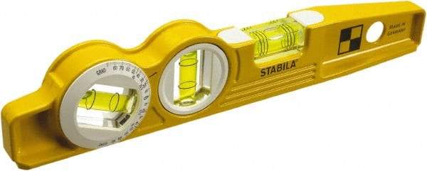 Stabila - Magnetic 10" Long 3 Vial Torpedo Level - Die Cast, Yellow, 1 Plumb, 1 Level & 1 45° Vials - Benchmark Tooling