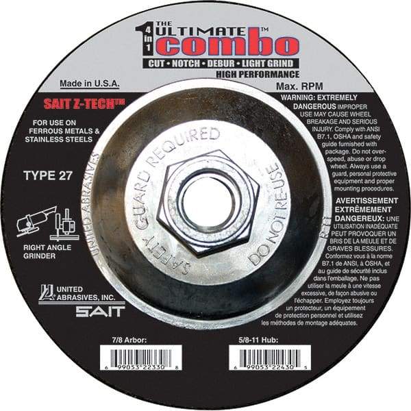 Sait - 4-1/2" Wheel Diam, Type 27 Depressed Center Wheel - Extra Coarse Grade, Zirconia Alumina, S Hardness, 13,300 Max RPM - Benchmark Tooling