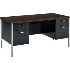 Hon - Woodgrain Laminate Double Pedestal Desk with Center Drawer - 60" Wide x 30" Deep x 29-1/2" High, Mocha/Black - Benchmark Tooling