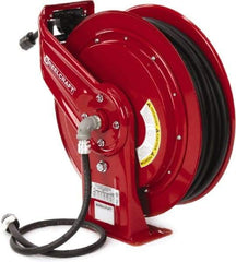 Reelcraft - 12 AWG, 100' Cable Length, Cord & Cable Reel with Outlet End - 1 Outlet, NEMA 5-15R, 15 Amps, 125 Volts, SEOOW Cable, Red Reel, Spring Driven Reel - Benchmark Tooling