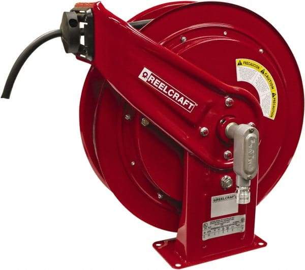 Reelcraft - 12 AWG, 100' Cable Length, Cord & Cable Reel with Flying Lead End - 0 Outlets, 20 Amps, 125 Volts, SEOOW Cable, Red Reel, Spring Driven Reel - Benchmark Tooling