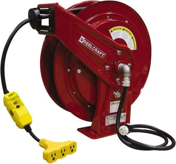 Reelcraft - 12 AWG, 100' Cable Length, Cord & Cable Reel with Triple-Tap with GFCI End - 3 Outlets, NEMA 5-15R, 15 Amps, 125 Volts, SEOOW Cable, Red Reel, Spring Driven Reel - Benchmark Tooling