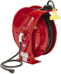 Reelcraft - 12 AWG, 100' Cable Length, Cord & Cable Reel with Triple-Tap Outlet End - 3 Outlets, NEMA 5-15R, 15 Amps, 125 Volts, SEOOW Cable, Red Reel, Spring Driven Reel - Benchmark Tooling