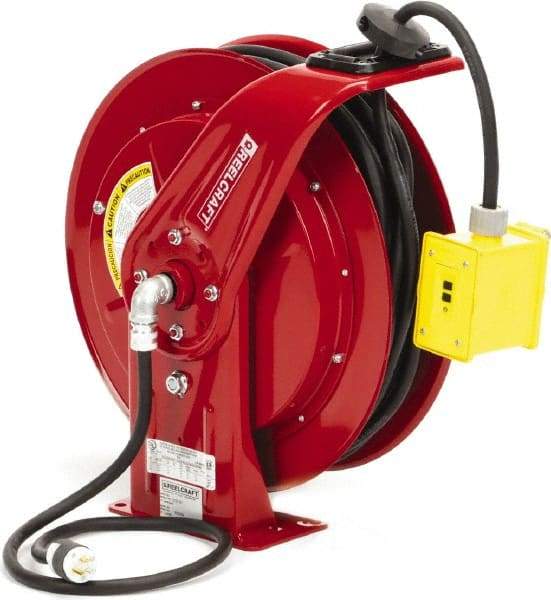 Reelcraft - 12 AWG, 100' Cable Length, Cord & Cable Reel with Duplex GFCI Outlet Box End - 2 Outlets, NEMA 5-15R, 15 Amps, 125 Volts, SEOOW Cable, Red Reel, Spring Driven Reel - Benchmark Tooling